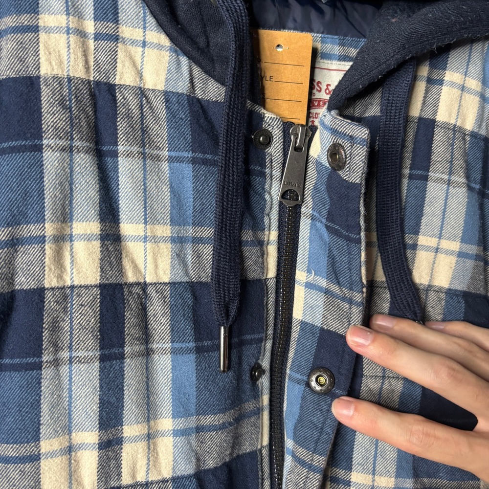 Levis Mens Blue Plaid Quilted Hooded Flannel Shirt Jacket Insulated Size Medium - Picture 4 of 12